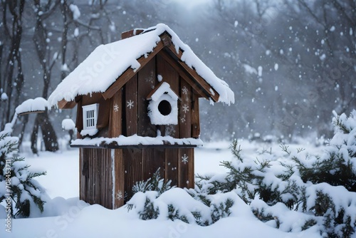 A wooden birdhouse covered in a layer of snow, with individual snowflakes suspended in the cold, still air. © pick pix