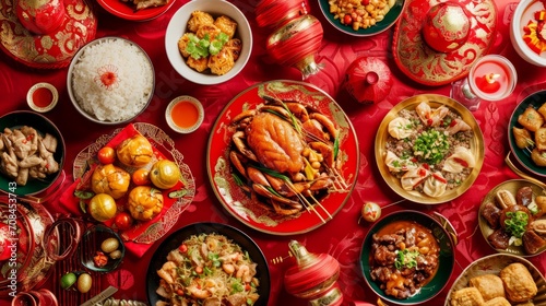 Top view of Chinese New Year dishes on red tablecloth. Chinese New Year dinner concept