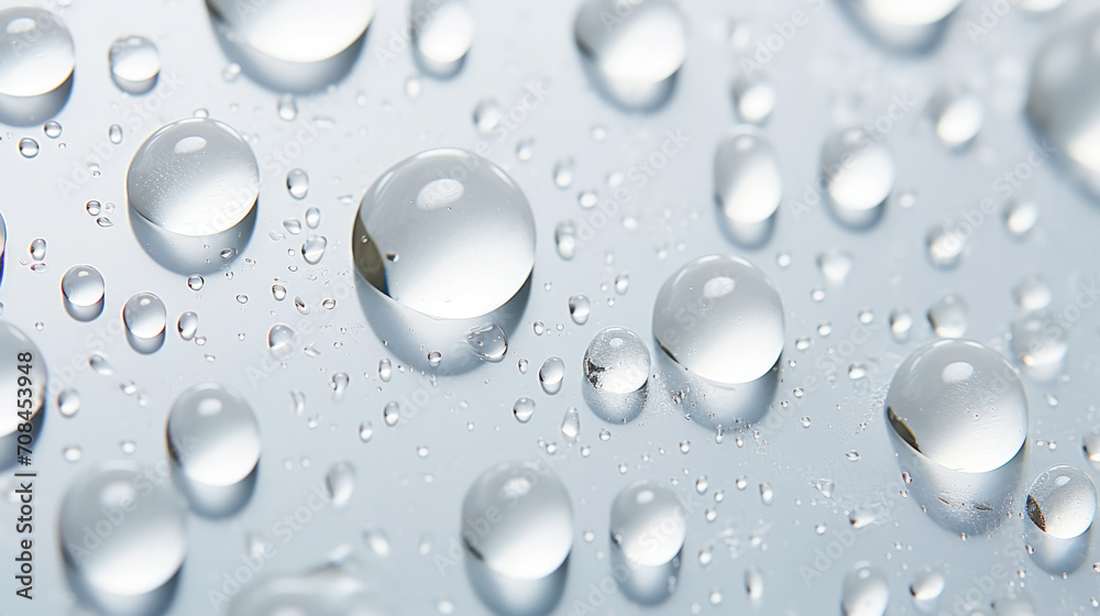 Closeup of water drops sliding on light wet surface. White background. Generative AI