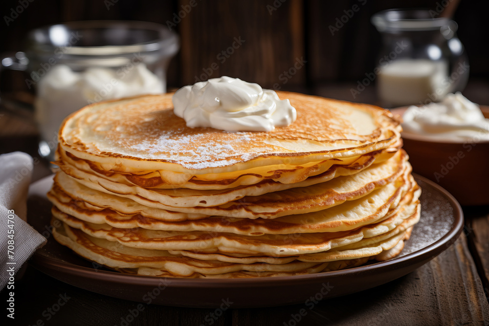 a stack of pancakes with sour cream in close-up on the table. rustic style, dark background. a stack of pancakes with sour cream in close-up on the table. rustic style, dark background.