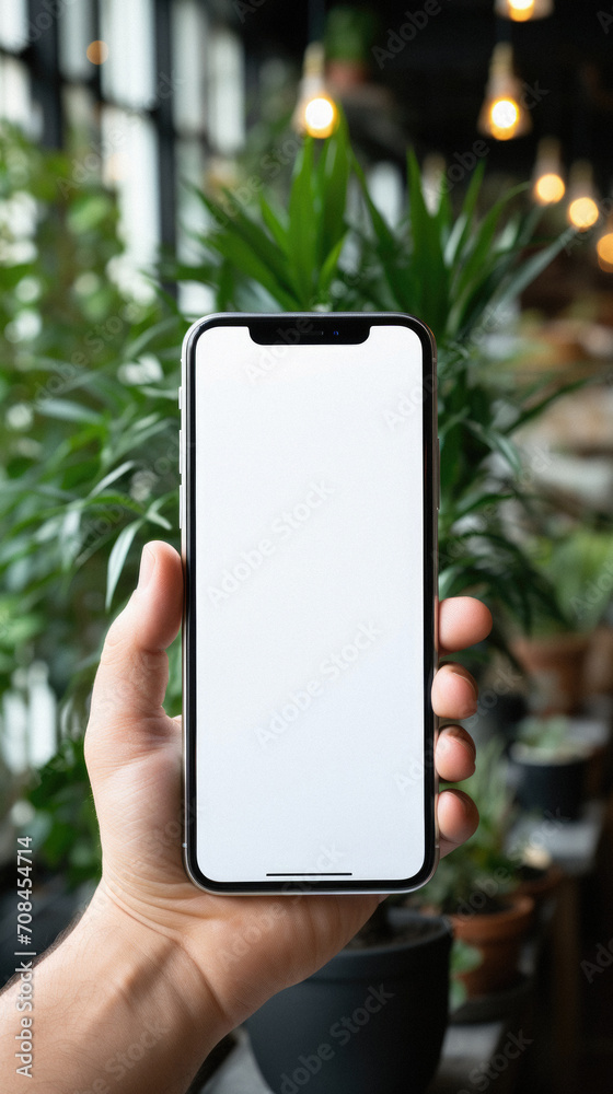 Male hand holding a phone with a blank screen on the background of green plants Male hand holding a phone with a blank screen on the background of green plants