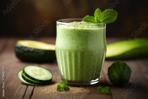 cucumber smoothie. healthy vegetable fresh, green vegan drink in a glass on the table.