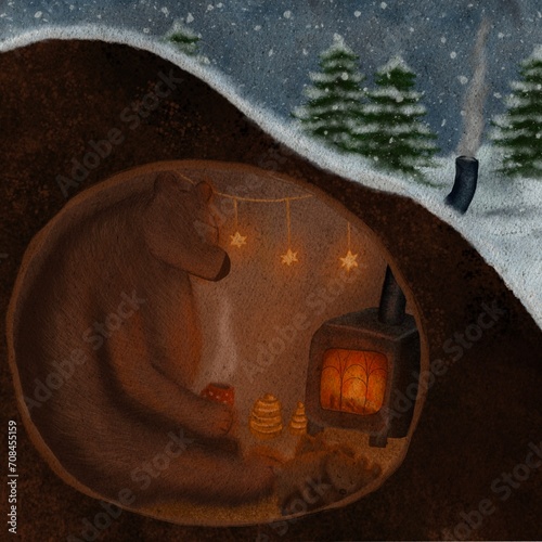 Sleeping bear in the burrow. Brown bear with cubbies sleeping in dens and burrows under winter forest trees and roots. Snow is falling. Bear family hibernating in their cave illustration