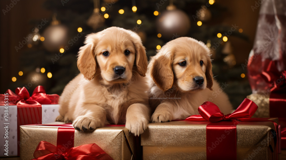  golden retriever puppies sitting next to beautiful
