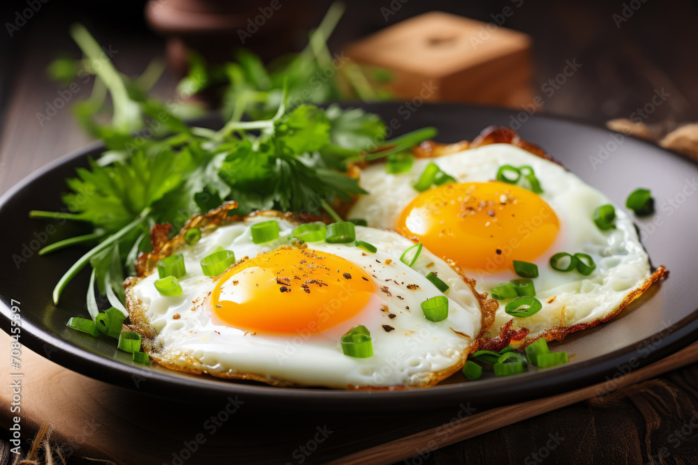 fried eggs with fresh green onions. close-up. chicken egg meal, protein-rich breakfast. cooking at home. fried eggs with fresh green onions. close-up. chicken egg meal, protein-rich breakfast. cooking at home.