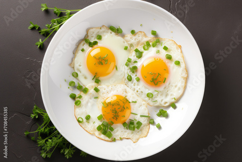 fried eggs with fresh green onions. top view, flat layout. close-up. chicken egg meal, protein-rich breakfast. cooking at home.