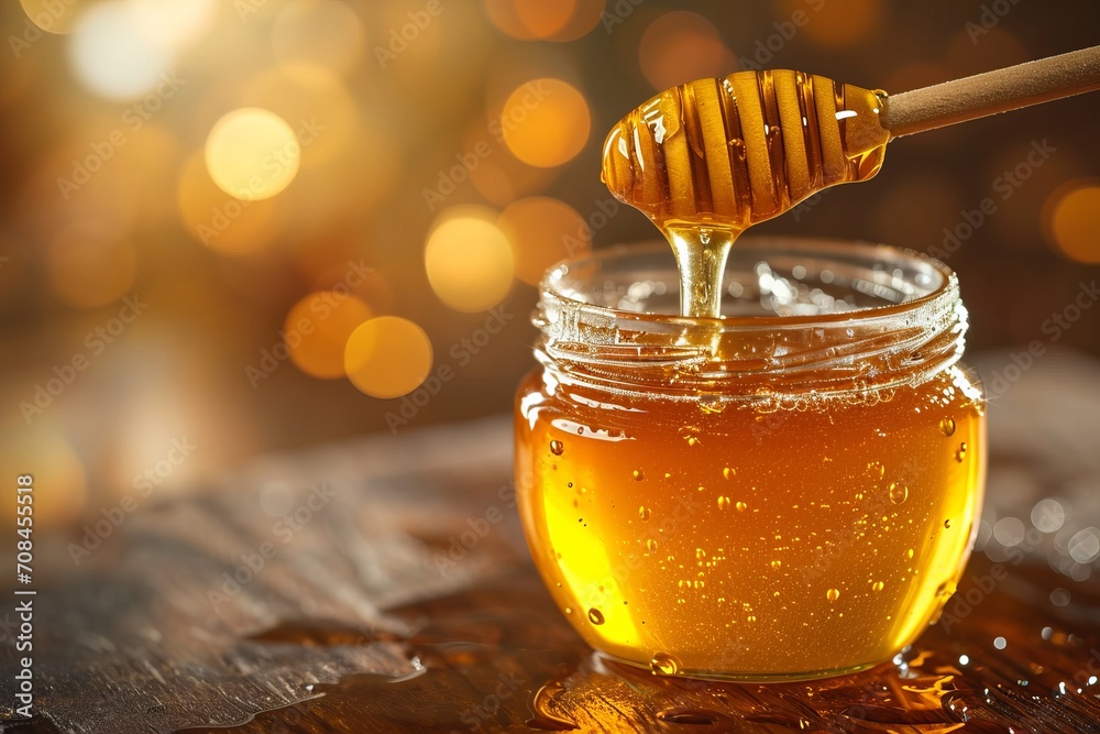transparent amber honey is poured into a glass jar on a blurred background with a bokeh. transparent amber honey is poured into a glass jar on a blurred background with a bokeh.
