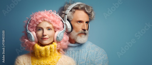 Young blonde man and woman listens to music using headphones. Girl is enjoying the moment. in studio background.