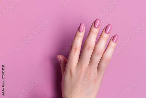 elegant nail design. a woman s hand with a lilac manicure in close-up.