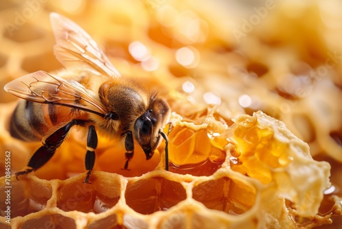 a bee crawls on a honeycomb with honey. close-up. © MaskaRad