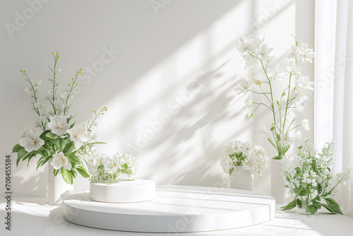 Empty white podium with flower, warm light and shadow. Pedestal for product display. Copy space