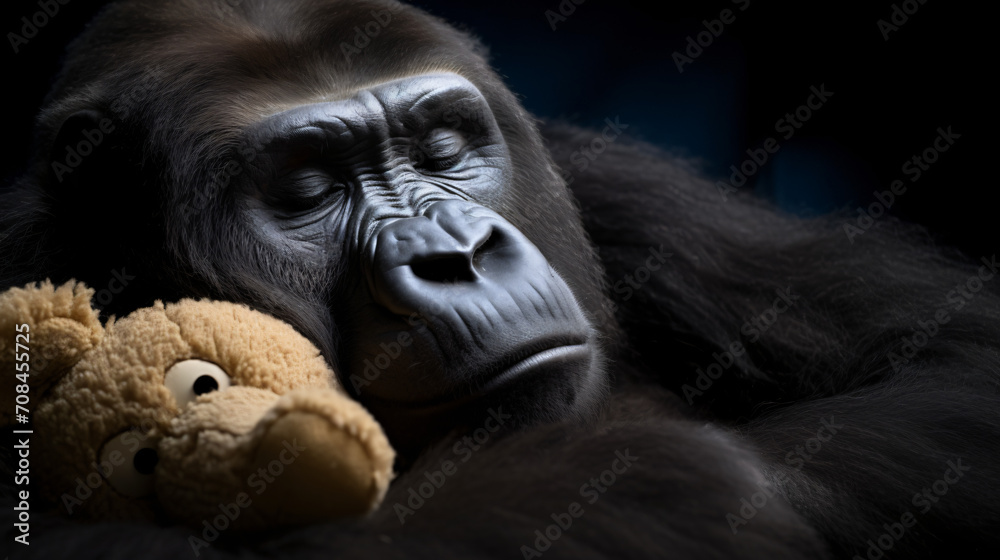 Gorilla sleeps hugging a teddy bear