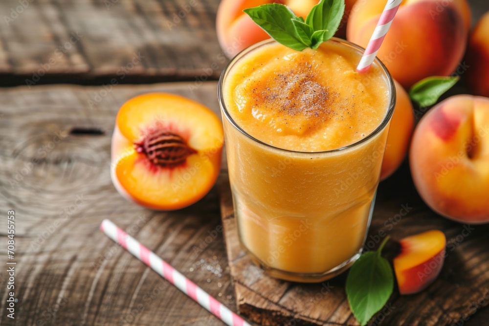 peach smoothie. a healthy fresh fruit drink in a glass on the table. peach smoothie. a healthy fresh fruit drink in a glass on the table.