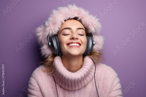 Young blonde woman listens to music using headphones. Girl is enjoying the moment. Pink studio background.