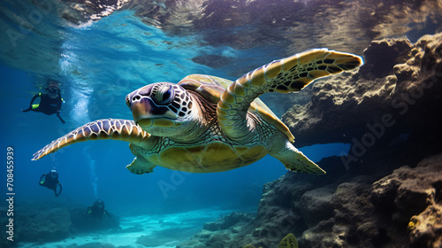  Green sea turtle underwater with snorkeler