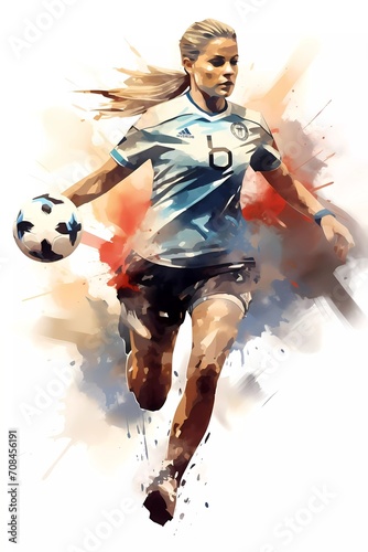 soccer athlete running with ball, in watercolor style. generative ai © KBL Sungkid