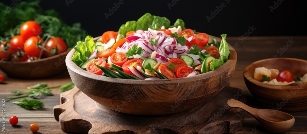 Combine fresh baby cos salad, millet, and crab stick with salad dressing in a wooden bowl. Mix organic vegetables for lunch with a green salad. Prepare a fresh salad for breakfast and wash the