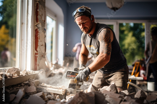 Strong mason in home renovation destroys walls with a pneumatic hammer photo