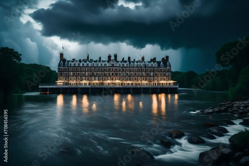 A dramatic stormy sky over a river, highlighting a resilient hotel standing strong against the forces of nature.