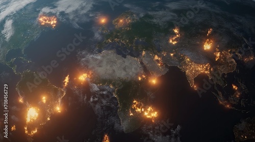 World map with explosions in places of armed conflicts