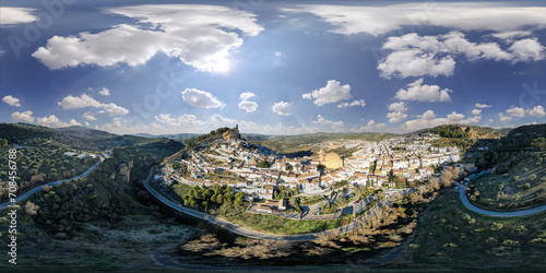 VR image 360 view. Montefrío panoramic aerial view. Typical Spanish town with a colorful sunset and sky with clouds. Most beautiful town in Spain according to National Geographic. Andalusia. Spain. photo
