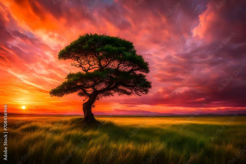 A poetic composition of a lone tree standing tall amidst a sea of lush green grass, against a backdrop of a vivid orange and pink sunset.