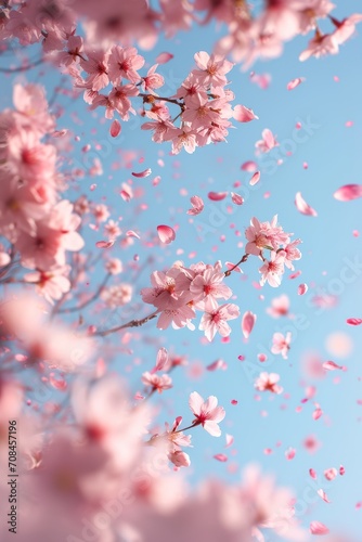 A pink flower blooms on a tree, with petals floating in the air.