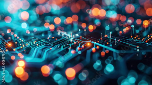 Technology digital binary data on microchip with glow circuit board. Digitalization of Neural Networking. Generative AI photo