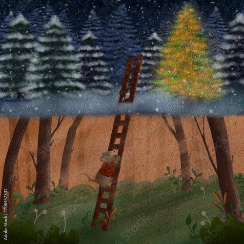 Winter landscape with summer. Cute cartoon character climbing from summer landscape to winter. Magical illustration. Christmas vibes with cozy atmosphere. Childrens illustrator. Snowy tree