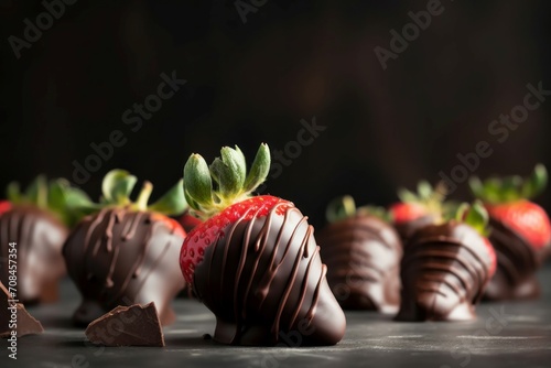 Chocolate covered strawberries candy dessert. Luxury dipped summer fruits in dark chocolate. Generate ai photo