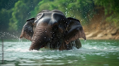 male Asian elephant is enjoying bathing. © buraratn