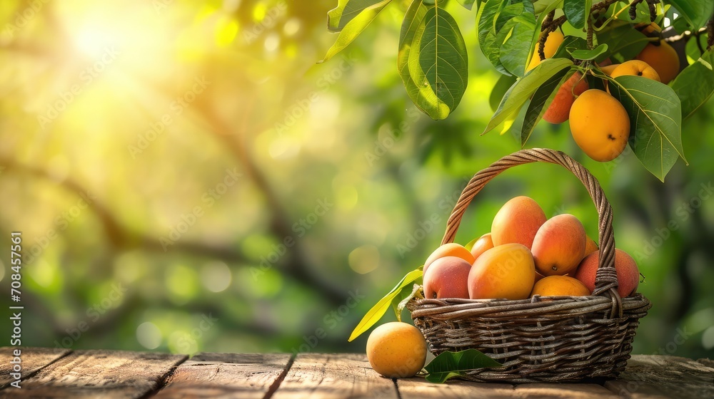 Mango in basket with leaves on wooden table and Mango tree farm with sunlight background. Mango in basket with leaves on wooden table and Mango tree farm with sunlight background.