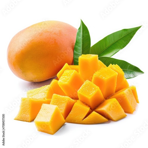 Mango fruit and half with slices isolated on white background. Top view. Flat lay