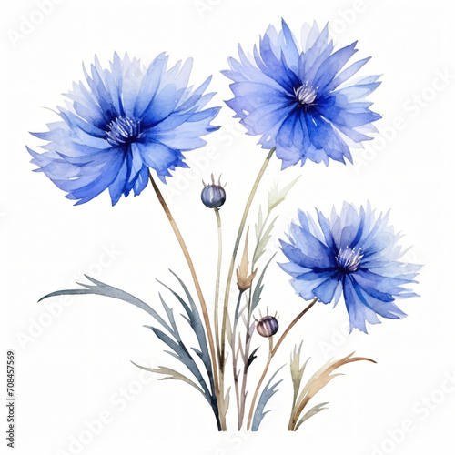 Watercolor blue floral. Cornflower