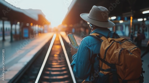 Map in Backpack ,Mobile phone with earphone and hat at the train station with a traveler.sun set, Travel concept. © buraratn