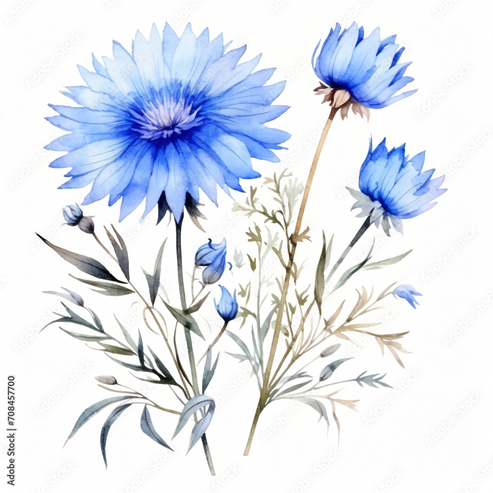 Watercolor blue floral. Cornflower