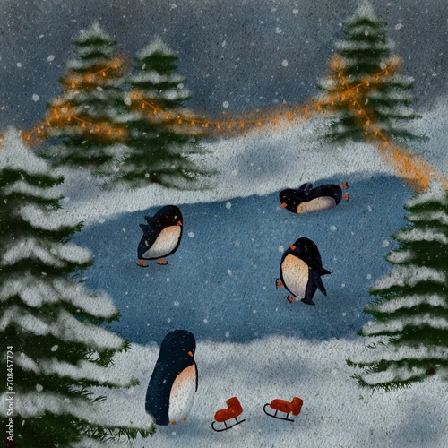 Penguin in winter activities. Little cute cartoon penguins characters playing on ice. Penguin ice skating outdoor. Sport and leisure concept illustration. Illustration of winter penguin animal