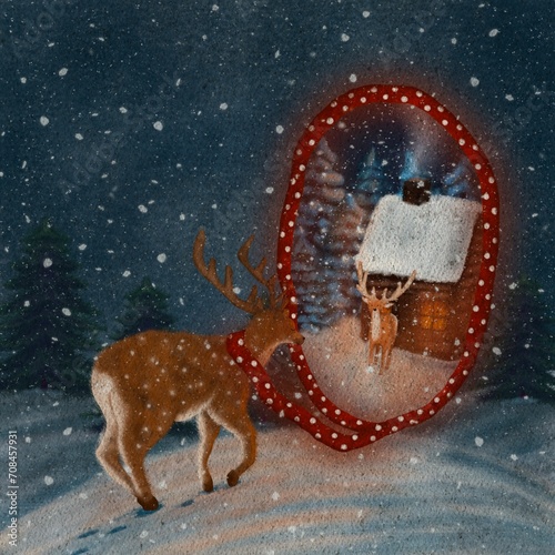 Winter landscape with Roe Deer, blue meadow with forest. Roe Deer dreaming of a home in winter. Magical scarf. Magical misty landscape, fog. Blue and gray illustration. Childrens illustration