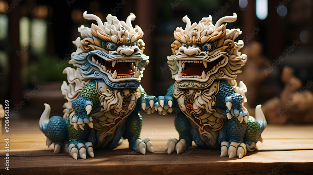Fototapeta premium Two Dragon Statues Displayed on a Table