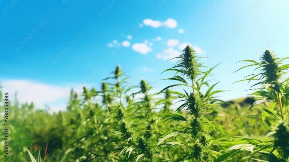 Close up of cannabis sativa plant on a field, sunny day. Industrial medical marijuana concept. Generative AI