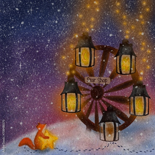 Cute red fox collecting stars. Star shop with winter landscape illustration. Sweet dreams hand drawn fantasy poster. Collecting magical moments. Cozy winter illustration 