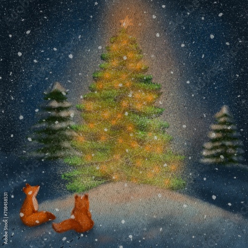 Christmas pine holiday tree in winter forest illustration. Two orange foxes fox admiring a Christmas tree in the forest. Winter scene. A Wintry Christmas Scene of Christmas Tress in a Forest.