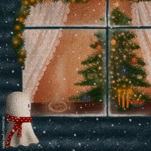  Christmas eve scene with a ghost looking through window. Cookies are warm on window illustration. View through the window into the living room with a Christmas tree. Xmas decor and lights