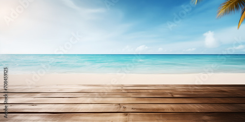 Boardwalk against the backdrop of sandy beach and blue sea. Copy space. Summer tropical banner background. AI generated illustration