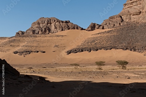 View of the Tadrart Rouge rocky mountain range in Tassili n Ajjer National Park. Sahara desert  Algeria  Africa.