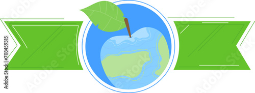 Green ribbon banners flank a globe with South America visible, and a green leaf on top. Environmental awareness and ecology concept with world vector illustration.