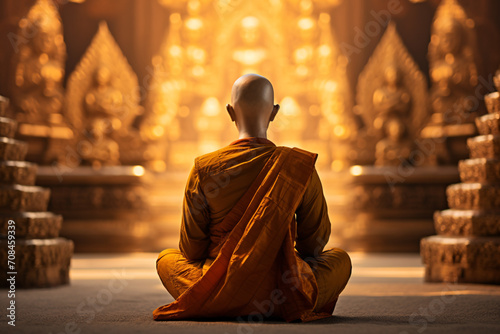 Back view of praying Buddhist monk in front of golden Buddha statue in temple