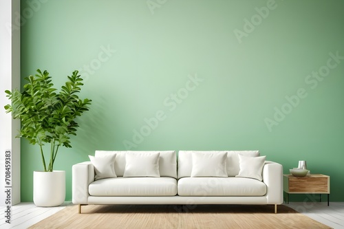 Minimalistic modern interior design with white sofa and sea green clear wall with plant