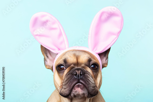 French Bulldog dog wearing Easter bunny ears in fornt of blue studio background © Firn