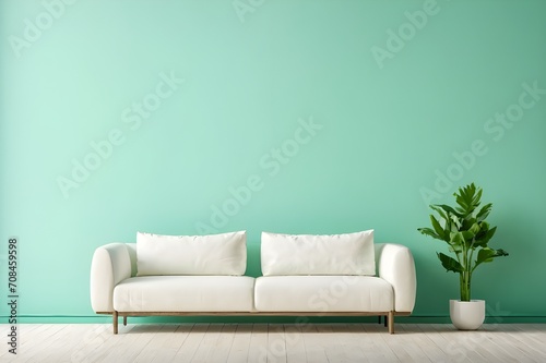 Minimalistic modern interior design with white sofa and sea green clear wall with plant